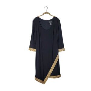 Frank Lyman Black Asymmetrical Overlay Gold Trim Cocktail Dress Womens 14